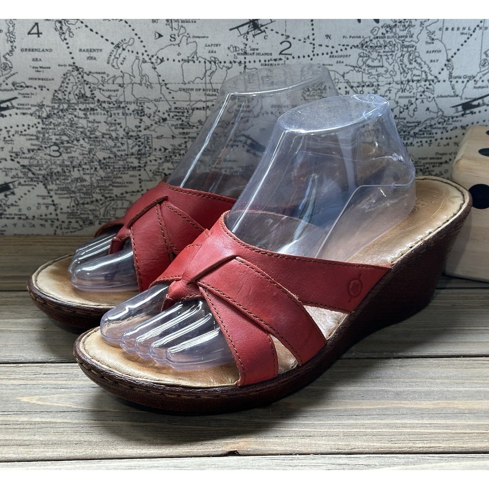 Born Sandals Red Leather Strappy Thong Wedge Slip On Comfort Women's Sz 11